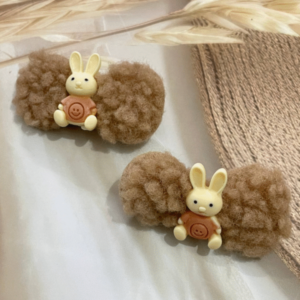Cute Bunny Korean Hair Clips for Girls- Cute & Fluffy Hair Accessories for Kids (Dark Brown) - Image 2
