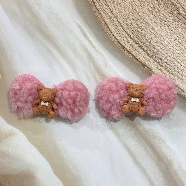 Cute Bunny Korean Hair Clips for Girls- Cute & Fluffy Hair Accessories for Kids (Dark Pink)