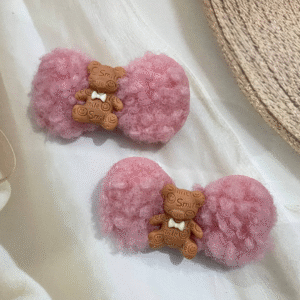 Cute Bunny Korean Hair Clips for Girls- Cute & Fluffy Hair Accessories for Kids (Dark Pink)
