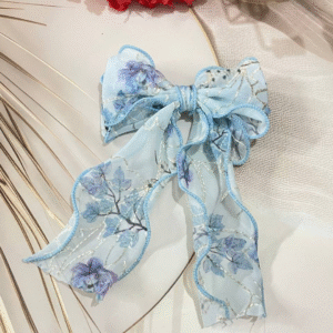 Luxury Large Flower Embroidery Bow Korean Hair Clip With Ribbon Wedding Hair Accessories for Women and Girls (Blue)
