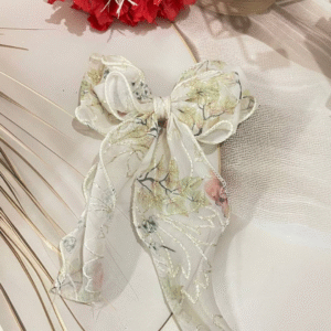 Luxury Large Flower Embroidery Bow Korean Hair Clip With Ribbon Wedding Hair Accessories for Women and Girls (Cream)