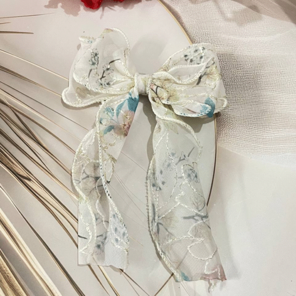 Luxury Large Flower Embroidery Bow Korean Hair Clip With Ribbon Wedding Hair Accessories for Women and Girls (Cream 2)