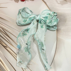 Luxury Large Flower Embroidery Bow Korean Hair Clip With Ribbon Wedding Hair Accessories for Women and Girls (Green)
