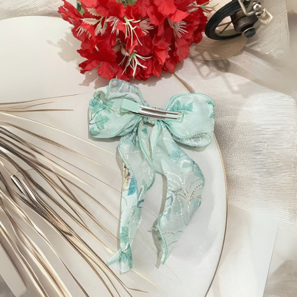 Luxury Large Flower Embroidery Bow Korean Hair Clip With Ribbon Wedding Hair Accessories for Women and Girls (Green) - Image 3
