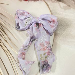 Luxury Large Flower Embroidery Bow Korean Hair Clip With Ribbon Wedding Hair Accessories for Women and Girls (Lavender)