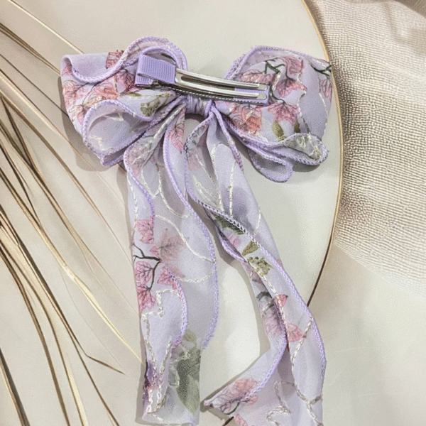 Luxury Large Flower Embroidery Bow Korean Hair Clip With Ribbon Wedding Hair Accessories for Women and Girls (Lavender) - Image 3
