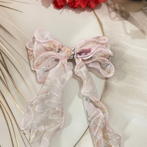 Luxury Large Flower Embroidery Bow Korean Hair Clip With Ribbon Wedding Hair Accessories for Women and Girls (Pink)