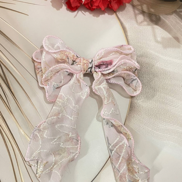 Luxury Large Flower Embroidery Bow Korean Hair Clip With Ribbon Wedding Hair Accessories for Women and Girls (Pink)