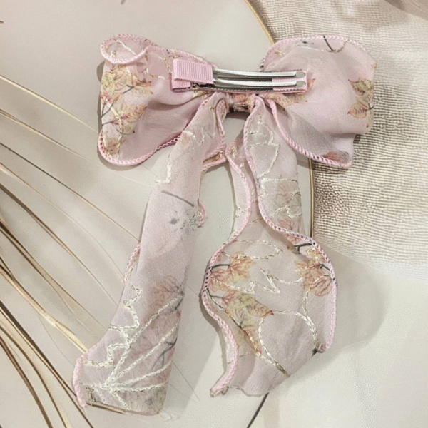Luxury Large Flower Embroidery Bow Korean Hair Clip With Ribbon Wedding Hair Accessories for Women and Girls (Pink) - Image 3