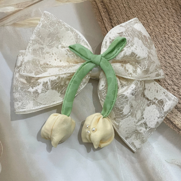 Tulip Korean-Inspired Floral Hair Accessory for Women & Girls – Elegant Bow Clip with Hanging Tulip Aesthetic Hair Claw (Cream) - Image 2