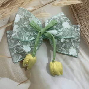 Tulip Korean-Inspired Floral Hair Accessory for Women & Girls – Elegant Bow Clip with Hanging Tulip Aesthetic Hair Claw (Green 1)