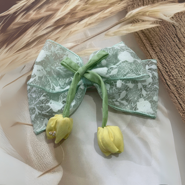 Tulip Korean-Inspired Floral Hair Accessory for Women & Girls – Elegant Bow Clip with Hanging Tulip Aesthetic Hair Claw (Green) - Image 2