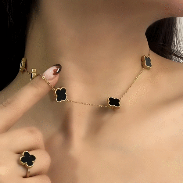 Clover Five Leaf  Necklace Set 18k Gold plated Waterproof Stainless Steel (Black) - Image 2
