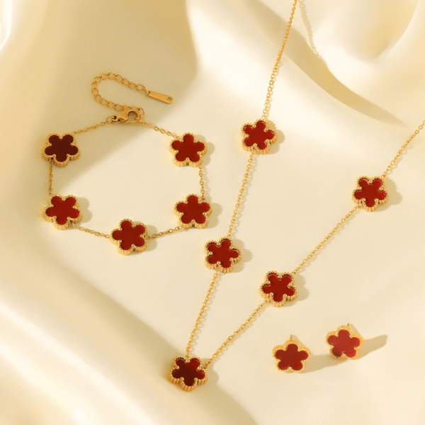 Clover Five Leaf Necklace Set 18k Gold plated Waterproof Stainless Steel (Red) - Image 3