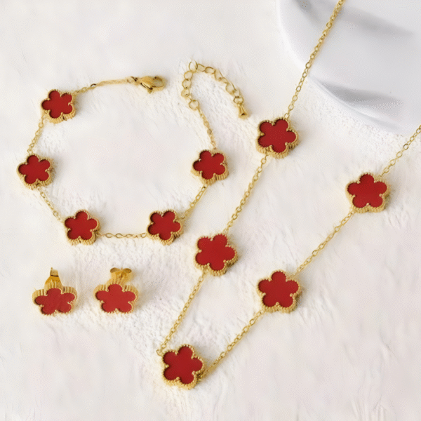 Clover Five Leaf Necklace Set 18k Gold plated Waterproof Stainless Steel (Red)