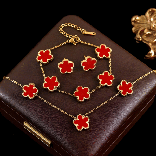 Clover Five Leaf Necklace Set 18k Gold plated Waterproof Stainless Steel (Red) - Image 2