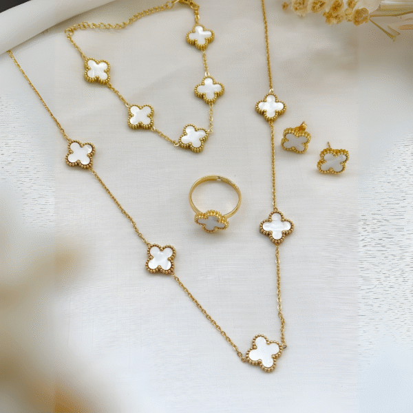 Clover Five Leaf  Necklace Set 18k Gold plated Waterproof Stainless Steel (White) - Image 2