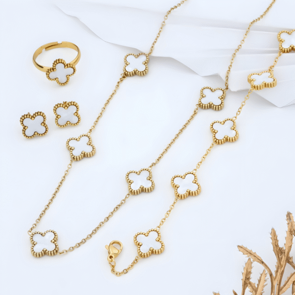 Clover Five Leaf  Necklace Set 18k Gold plated Waterproof Stainless Steel (White) - Image 3