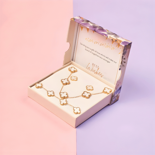 Clover Five Leaf  Necklace Set 18k Gold plated Waterproof Stainless Steel (White) - Image 4