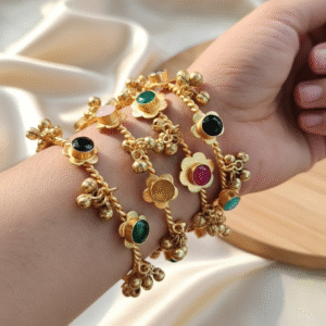 Golden Replica Ghungharoo with Stone Bangles (Set of 4)