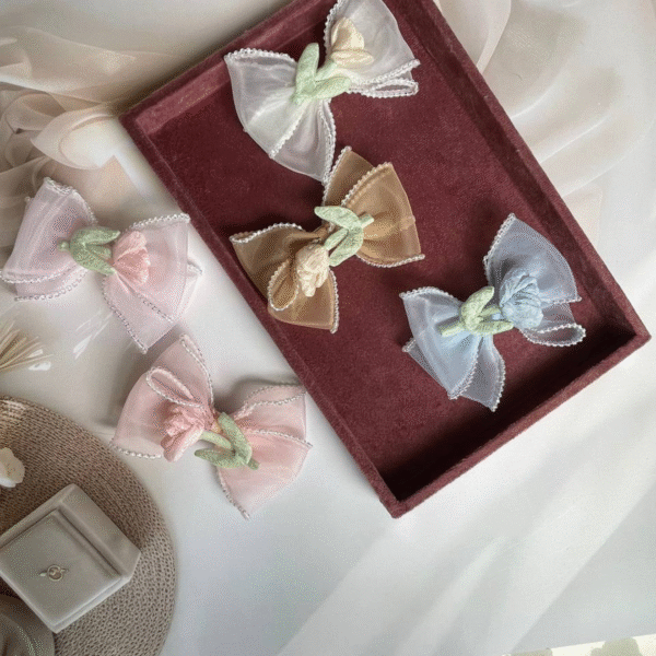 Korean-Inspired Hair Accessory – Elegant Flower Bow Aesthetic Hair Clip (Beige) - Image 4