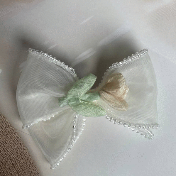 Korean-Inspired Hair Accessory – Elegant Flower Bow Aesthetic Hair Clip (Beige) - Image 2