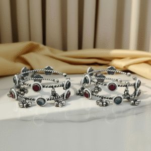 Oxidised Silver Replica Ghungharoo Bangles (Set of 4)