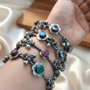 Oxidised Silver Replica Ghungharoo with Stone Bangles (Set of 4)