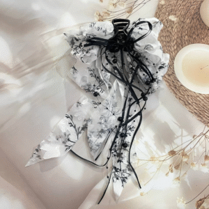 Premium Korean Ribbon Beaded Hair Bow Claw Clip Hair Accessories for Women (Black)