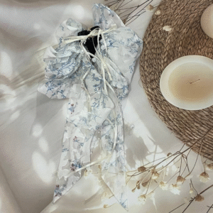 Premium Korean Ribbon Beaded Hair Bow Claw Clip Hair Accessories for Women (Blue)