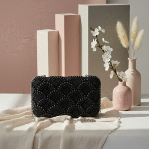 Premium Pearl Work Handmade Metal Clutch Handbag (Black)