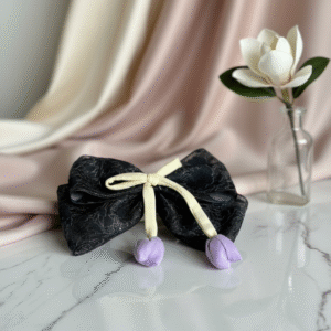 Tulip Korean-Inspired Floral Hair Accessory for Women & Girls – Elegant Bow Clip with Hanging Tulip Aesthetic Hair Claw (Black)