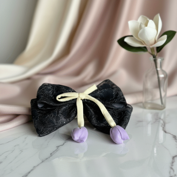 Tulip Korean-Inspired Floral Hair Accessory for Women & Girls – Elegant Bow Clip with Hanging Tulip Aesthetic Hair Claw (Black)