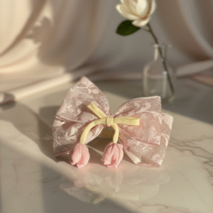 Tulip Korean-Inspired Floral Hair Accessory for Women & Girls – Elegant Bow Clip with Hanging Tulip Aesthetic Hair Claw (Pink)