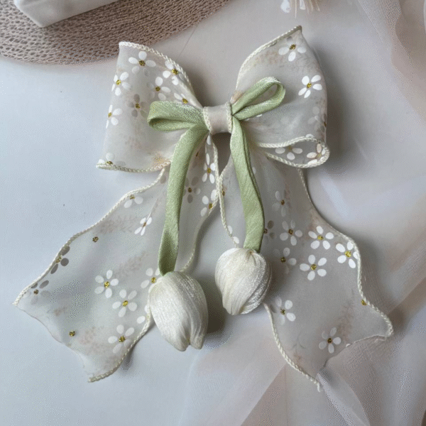 Tulip Korean-Inspired Floral Hair Accessory – Elegant Bow Clip with Hanging Tulip Aesthetic Hair Claw (Beige) - Image 2