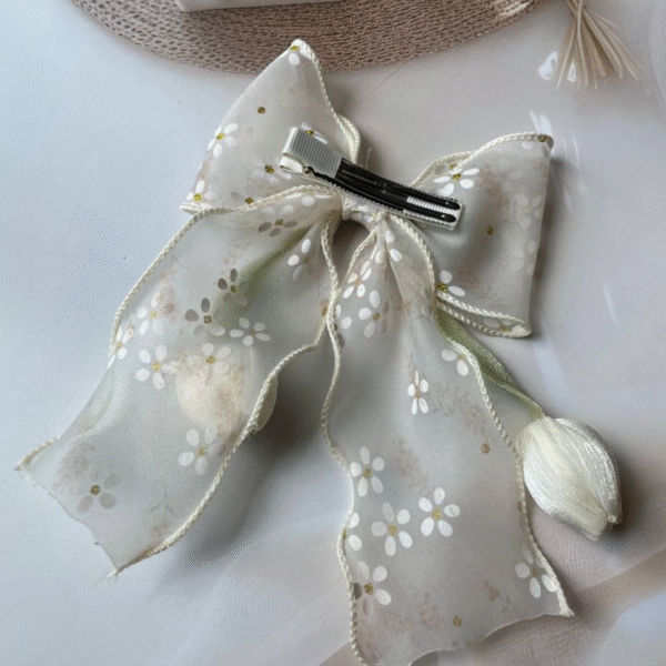 Tulip Korean-Inspired Floral Hair Accessory – Elegant Bow Clip with Hanging Tulip Aesthetic Hair Claw (Beige) - Image 3