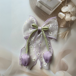 Tulip Korean-Inspired Floral Hair Accessory – Elegant Bow Clip with Hanging Tulip Aesthetic Hair Claw (Lavender)