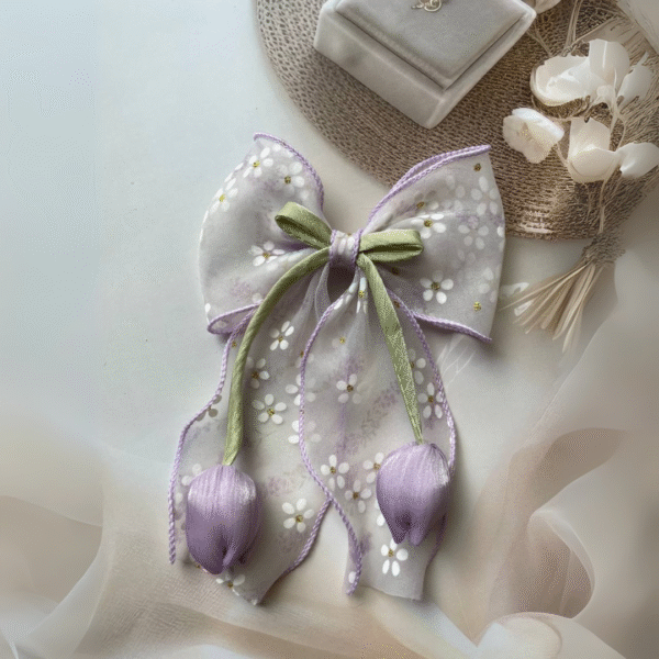 Tulip Korean-Inspired Floral Hair Accessory – Elegant Bow Clip with Hanging Tulip Aesthetic Hair Claw (Lavender)