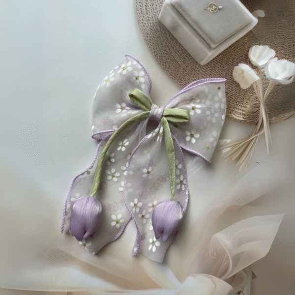 Tulip Korean-Inspired Floral Hair Accessory – Elegant Bow Clip with Hanging Tulip Aesthetic Hair Claw (Lavender) - Image 2