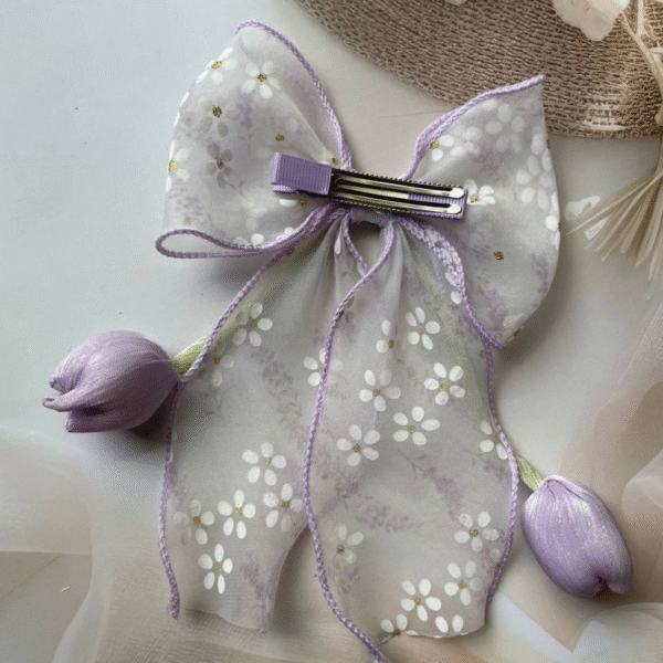 Tulip Korean-Inspired Floral Hair Accessory – Elegant Bow Clip with Hanging Tulip Aesthetic Hair Claw (Lavender) - Image 3