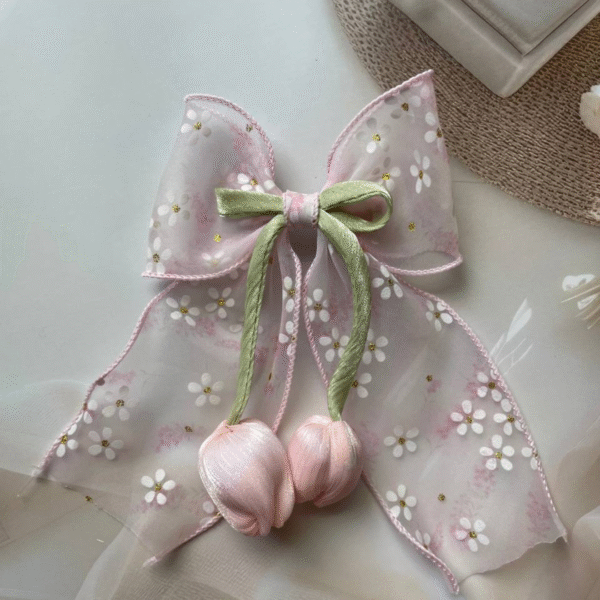 Tulip Korean-Inspired Floral Hair Accessory – Elegant Bow Clip with Hanging Tulip Aesthetic Hair Claw (Pink) - Image 2