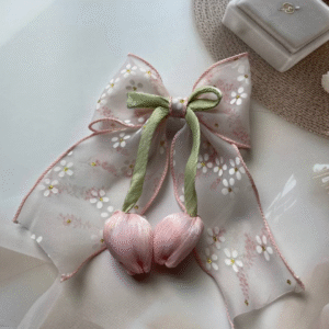Tulip Korean-Inspired Floral Hair Accessory – Elegant Bow Clip with Hanging Tulip Aesthetic Hair Claw (Pink 2)