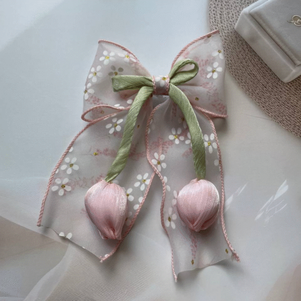 Tulip Korean-Inspired Floral Hair Accessory – Elegant Bow Clip with Hanging Tulip Aesthetic Hair Claw (Pink 2) - Image 2