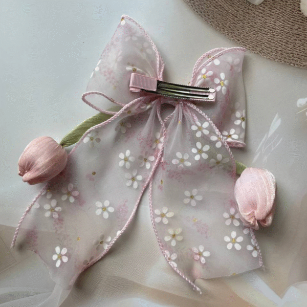 Tulip Korean-Inspired Floral Hair Accessory – Elegant Bow Clip with Hanging Tulip Aesthetic Hair Claw (Pink) - Image 3
