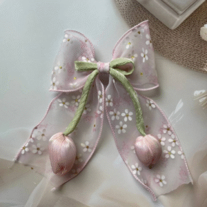 Tulip Korean-Inspired Floral Hair Accessory – Elegant Bow Clip with Hanging Tulip Aesthetic Hair Claw (Pink)