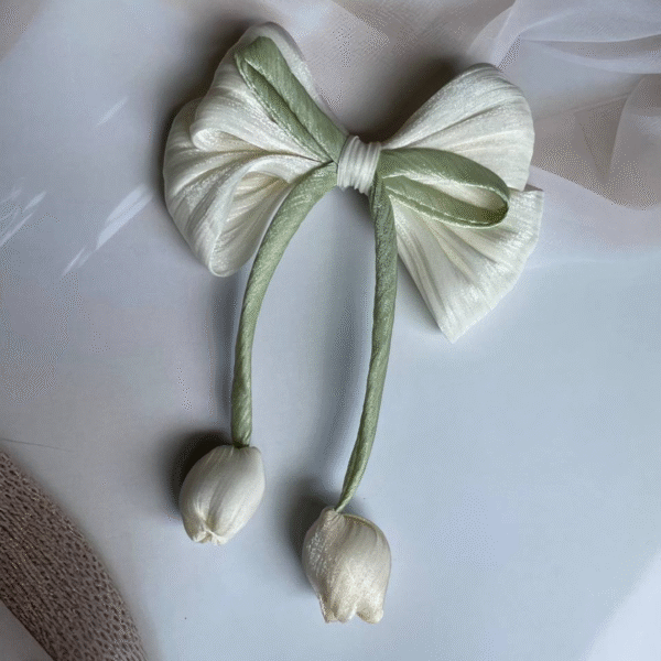 Tulip Korean-Inspired Hair Accessory – Elegant Bow Clip with Hanging Tulip Aesthetic Hair Clip (Beige) - Image 2