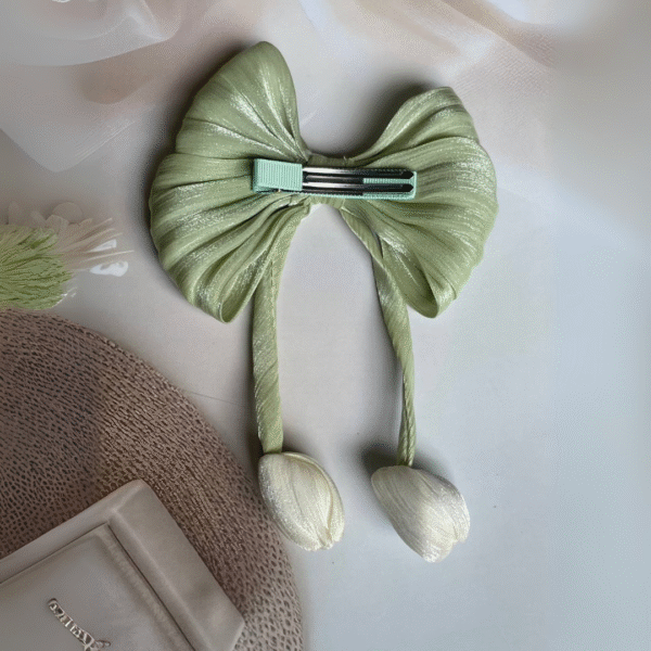 Tulip Korean-Inspired Hair Accessory – Elegant Bow Clip with Hanging Tulip Aesthetic Hair Clip (Green) - Image 3