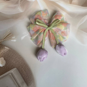 Tulip Korean-Inspired Hair Accessory – Elegant Multicolor Bow with Hanging Tulip Aesthetic Hair Clip
