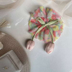 Tulip Korean-Inspired Hair Accessory – Elegant Multicolor Bow with Hanging Tulip Aesthetic Hair Clip