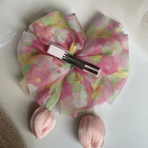 Tulip Korean-Inspired Hair Accessory – Elegant Multicolor Bow with Hanging Tulip Aesthetic Hair Clip - Image 3